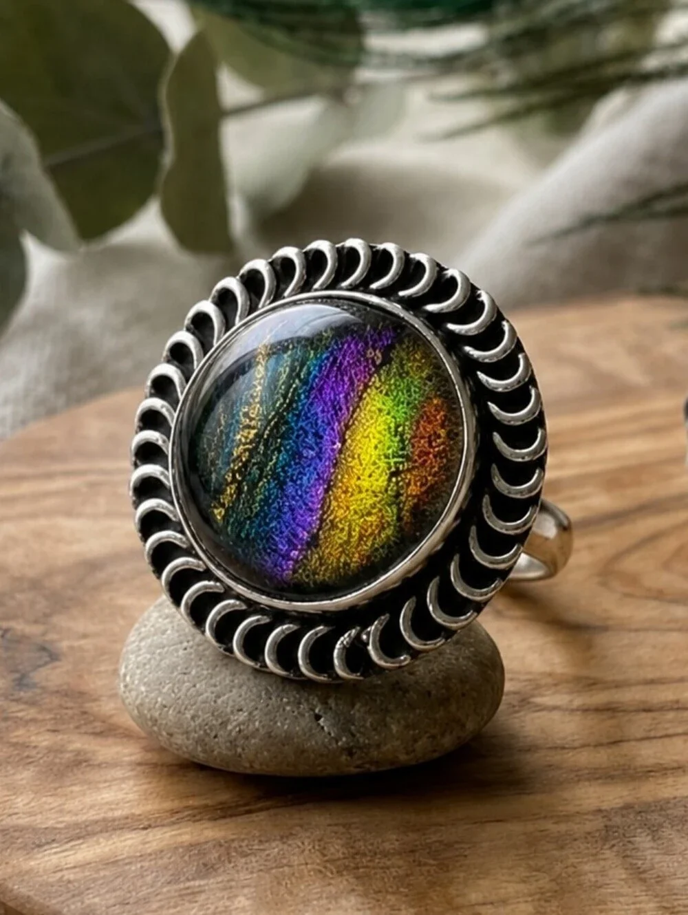 925 Sterling Silver Artisanal Rainbow Dichroic Glass Statement Ring Size 9